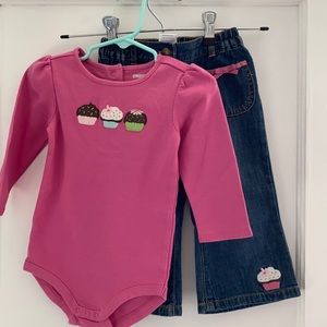 12-18 *vintage* Gymboree cupcake outfit bodysuit + jeans + socks new old stock